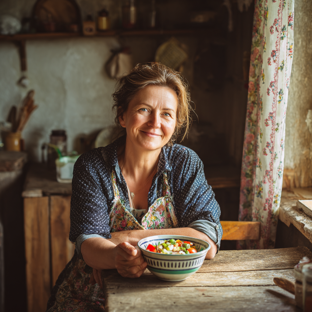 Elderly Ukrainian man preparing healthy meal in kitchen, demonstrating mindful eating habits and self-care approach to nutrition